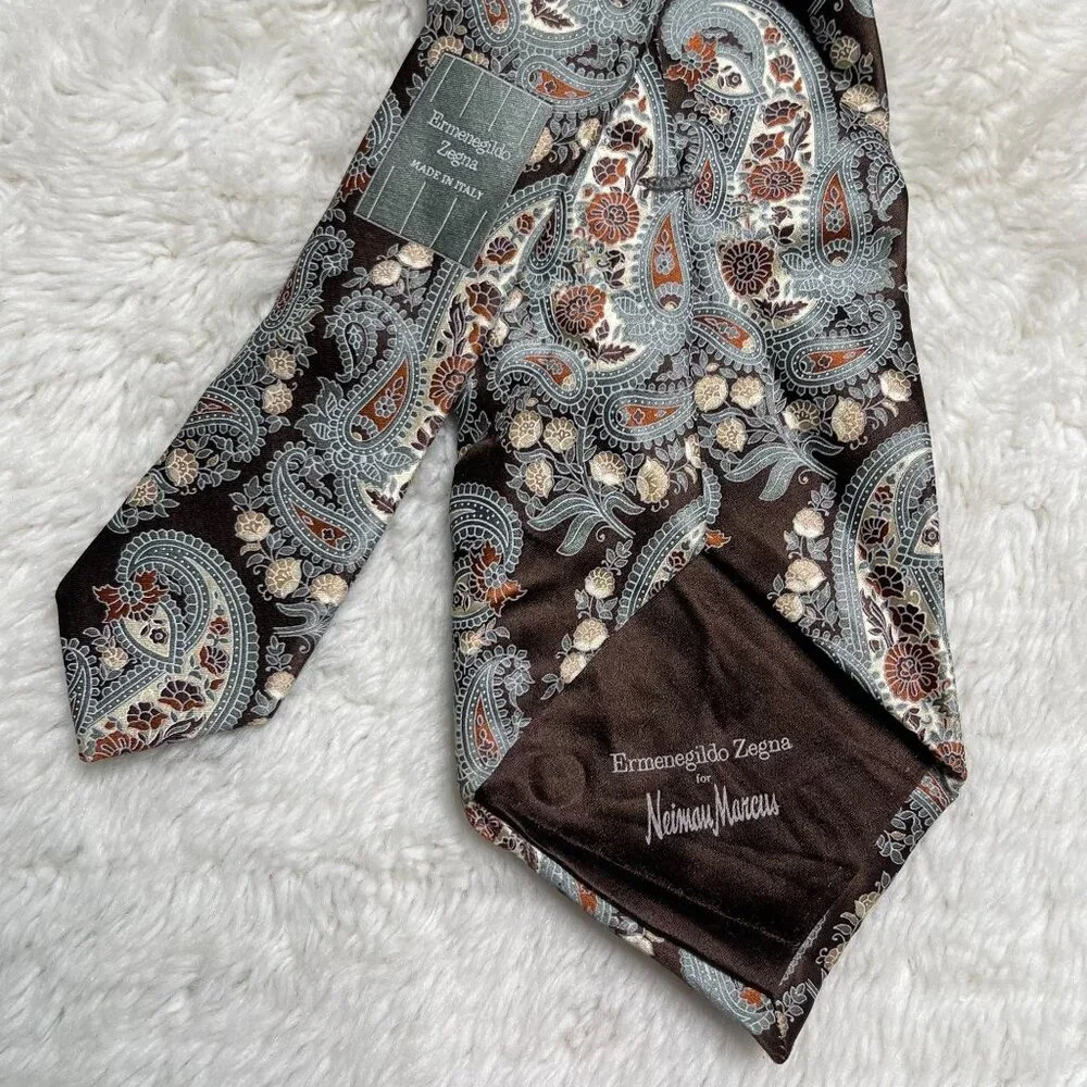 Ermenegildo Zegna Men's Brown Floral & Paisley Print 100% Silk Tie One Size - Picture 3 of 6